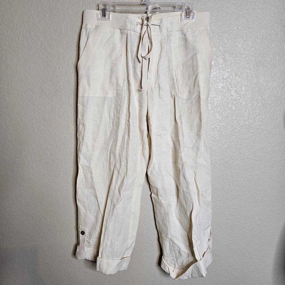 LOFT Cream 100% Linen Drawstring Crop Pants Button Cuff Womens 8
